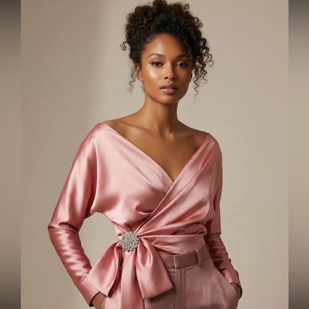 Plus Size Elegant Satin Long Sleeve V Neck Tie Side Crop Wrap Blouse
